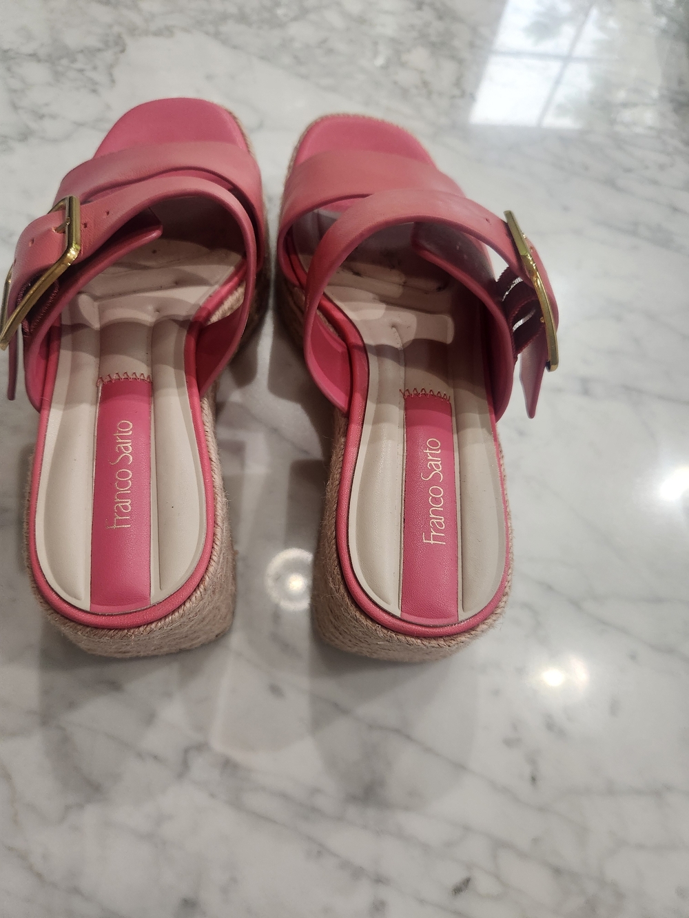 Franco Sarto Pink Dual Strap Platform Slides with Gold Buckle, Barely Worn - Picture 2 of 4